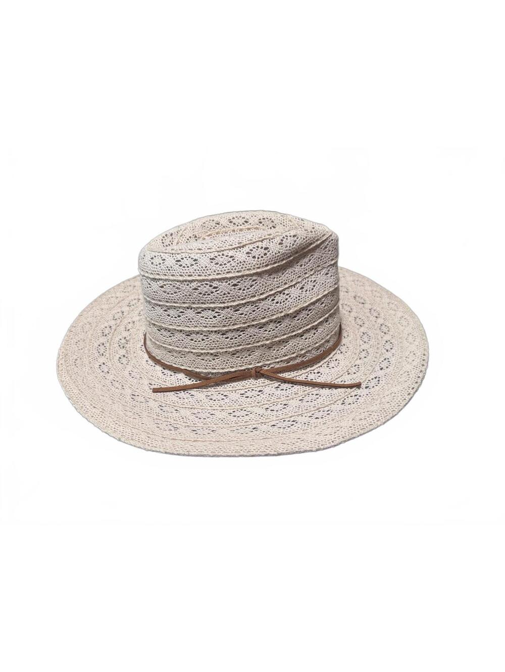 Vintage Rare Woolworth Beige Floral Eyelet Lace Fedora Hat w/Faux Leather Accent